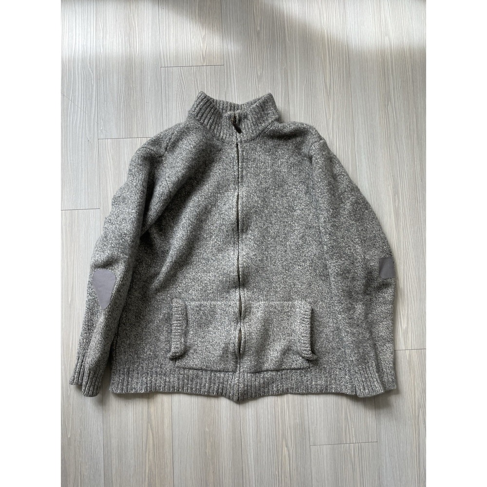 LL Bean Men's Grey Full Zip Knit Cardigan Size M Mended Elbow Patches